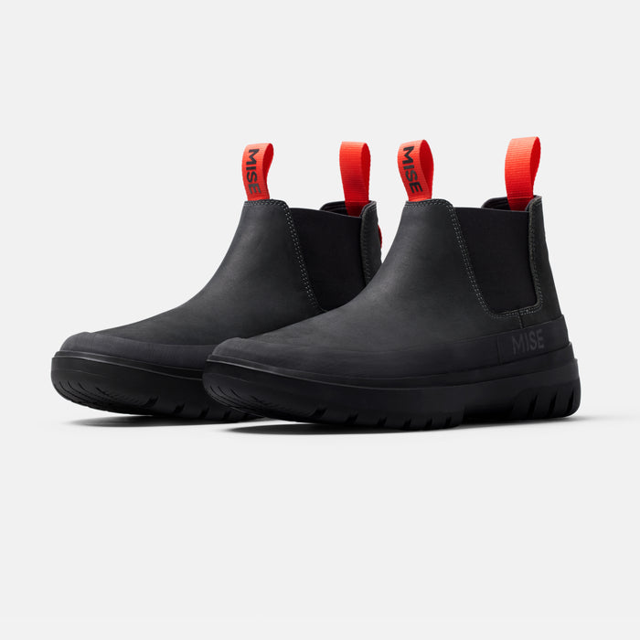 MISE Chelsea boot black slip-resistant kitchen shoes angled view on light gray background