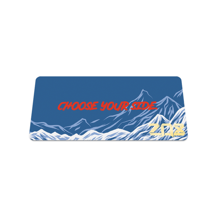 Back collector's card image of The One You Feed: blue background with white mountains and red text 'Choose your side'