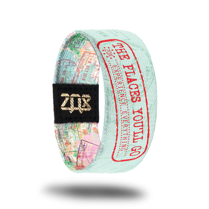 Inside Design of The Places You'll Go: light blue background with varying darker passport stamps, with stamped text ‘The Places You’ll Go ZOX Experience Everything’