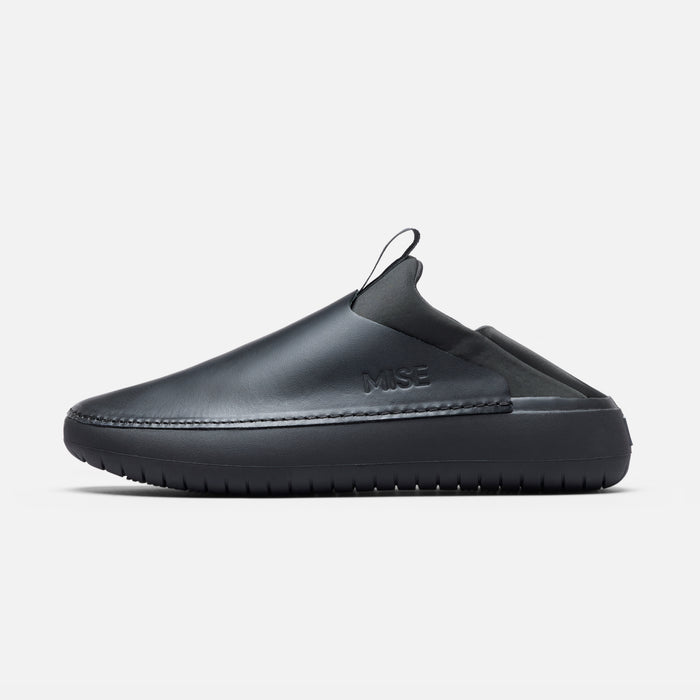 MISE Relaxed 2 black slip-on chef shoe lateral view with MISE embossed logo.