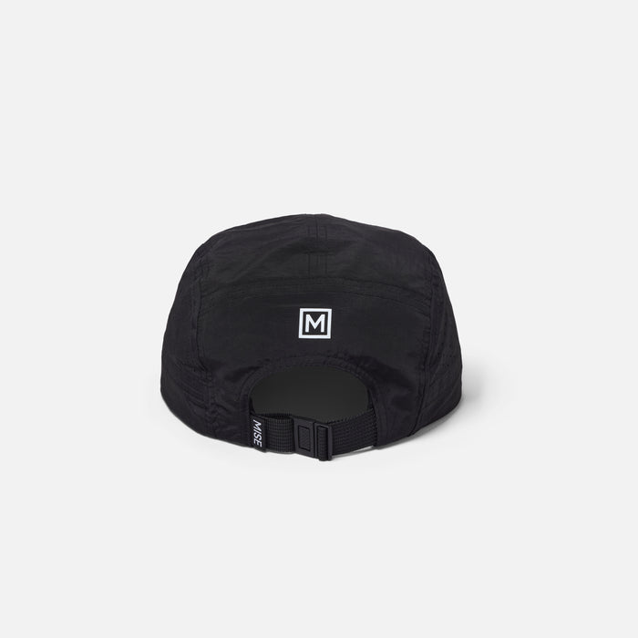 The Run Hat gallery position 1 showing black moisture-wicking 5-panel cap rear view with adjustable strap and MISE logo