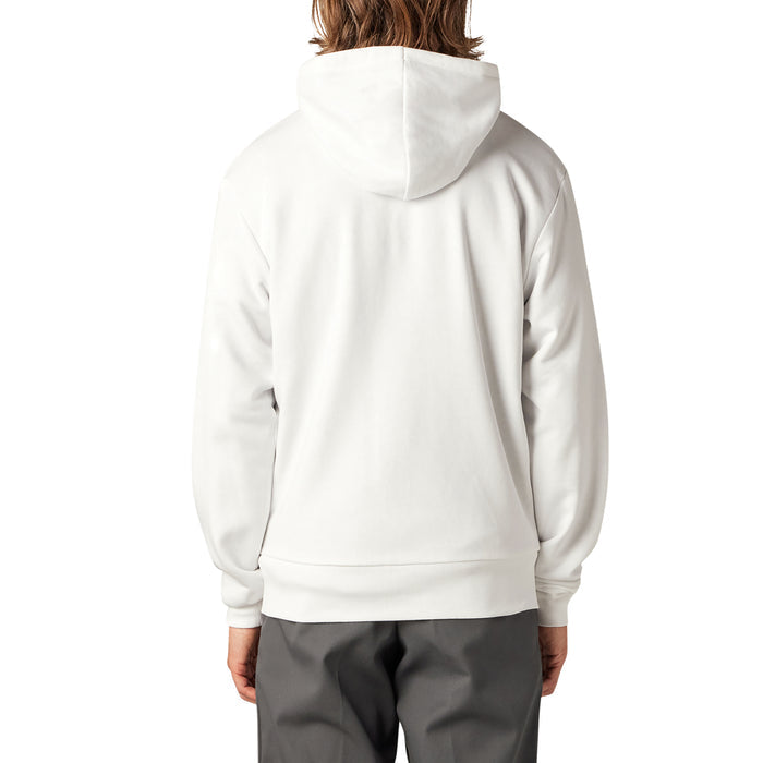 White fleece zip hoodie with drawstring hood shown from back view on model wearing gray pants.