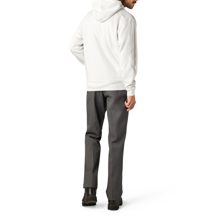 Man wearing cream zip hoodie with hood and charcoal pants, shown from back view.