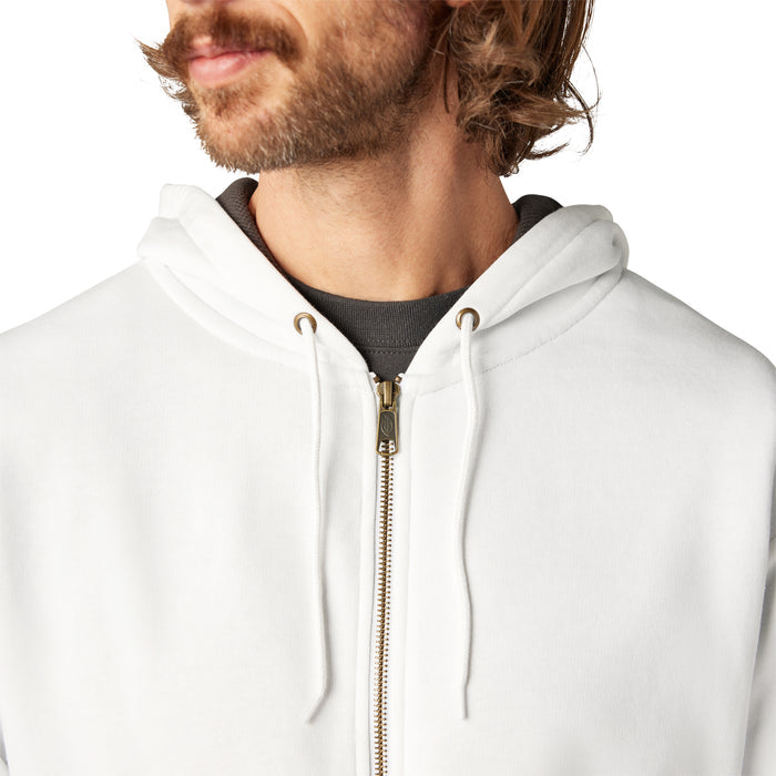 White fleece zip hoodie with thermal lining, shown on male model with drawstring hood and metal zipper.
