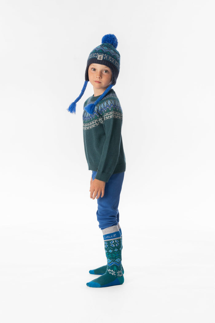 Deux par Deux boys' thermal leggings in blue – worn by a model, view 2