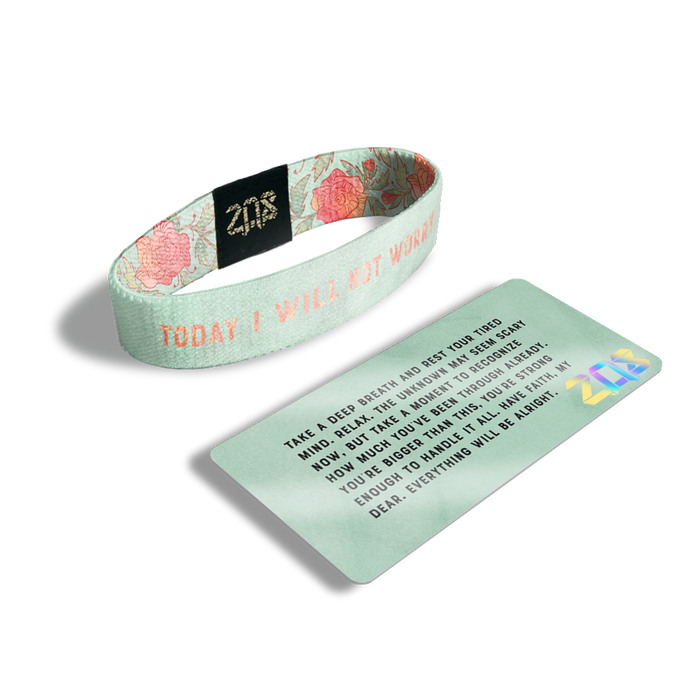 Inside Design of Today I Will Not Worry: light green design with watercolor rose-colored text ‘Today I Will Not Worry’ with its card saying ‘Take a deep breath and rest your tired mind. Relax. The unknown may seem scary now, but take a moment to recognize how much you’ve been through already. You’re bigger than this, you’re strong enough to handle it all. Have faith, my dear. Everything will be alright.’