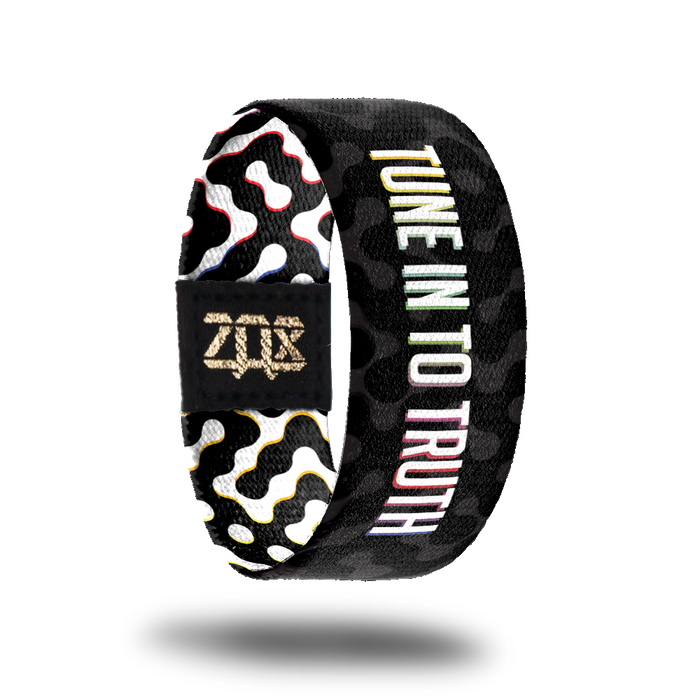 Inside design for Tune In To Truth. Black background with Tune In To Truth in white text in the center