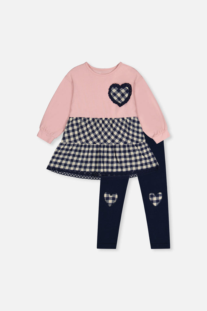Deux par Deux girls' pale dusty pink tunic and navy leggings set, front view
