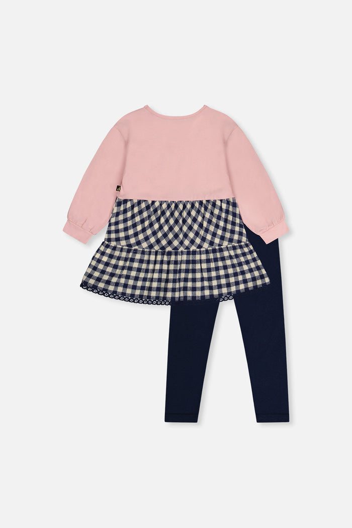 Deux par Deux girls' pale dusty pink tunic and navy leggings set, back view