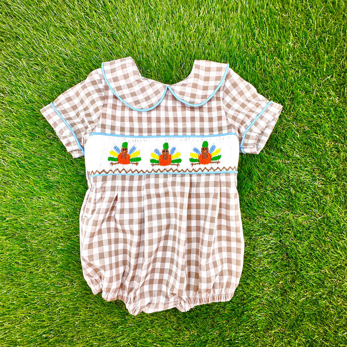 Turkey Smocked Boy's Bubble in Tan Gingham