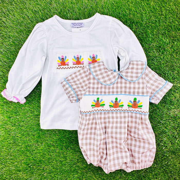 Turkey Smocked Boy's Bubble in Tan Gingham