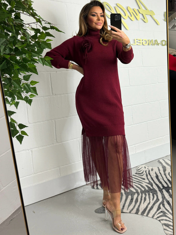 Turtle Neck Knitted Tulle Hem Jumper Dress (3 Colours)
