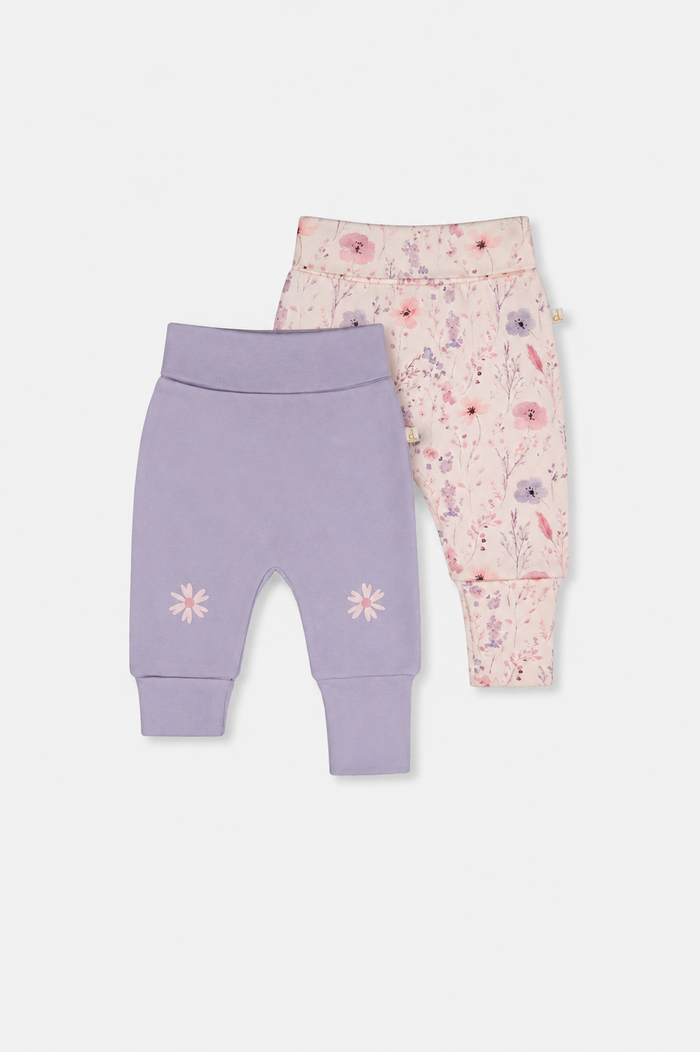 Deux par Deux baby girls 2-pack evolutive pants, pink floral and purple, front view