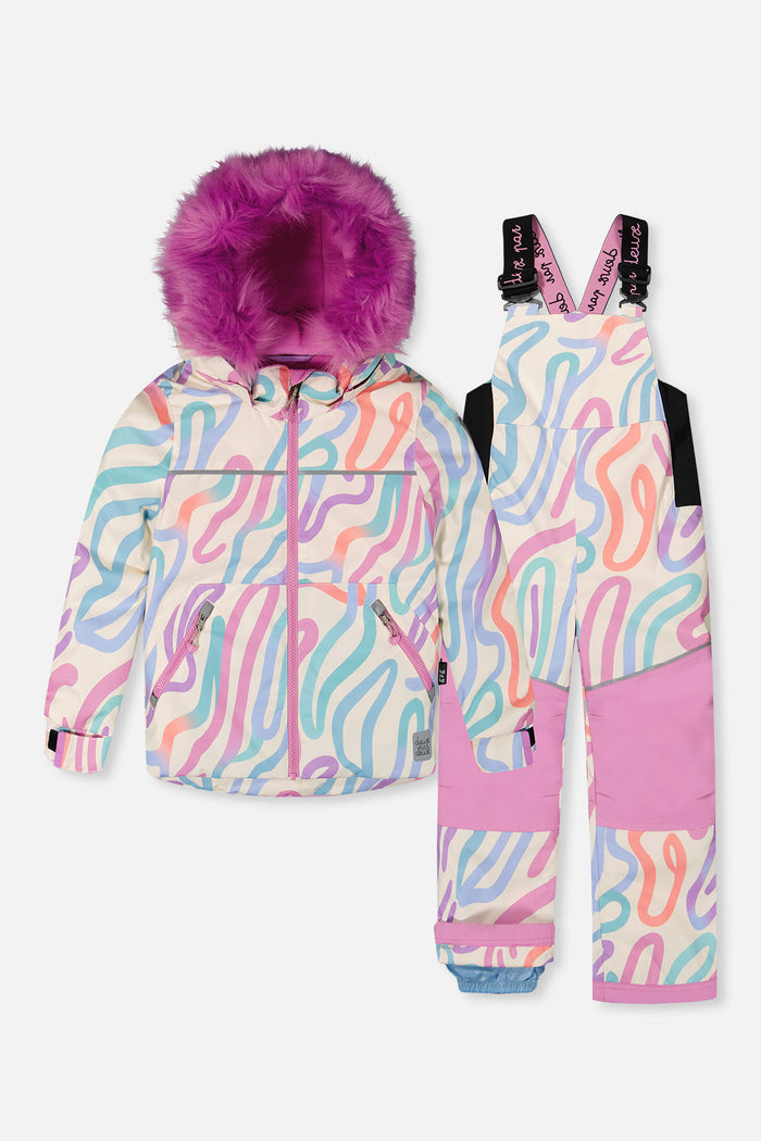 Deux par Deux girls' DISCOVER two-piece snowsuit in multicolored line print with magenta faux-fur hood trim, front view