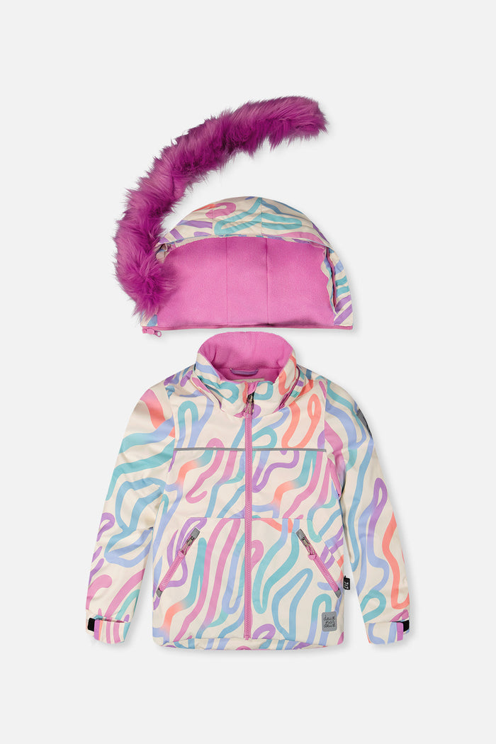 Multicolored line print DISCOVER jacket with the magenta faux-fur trimmed hood detached, front view