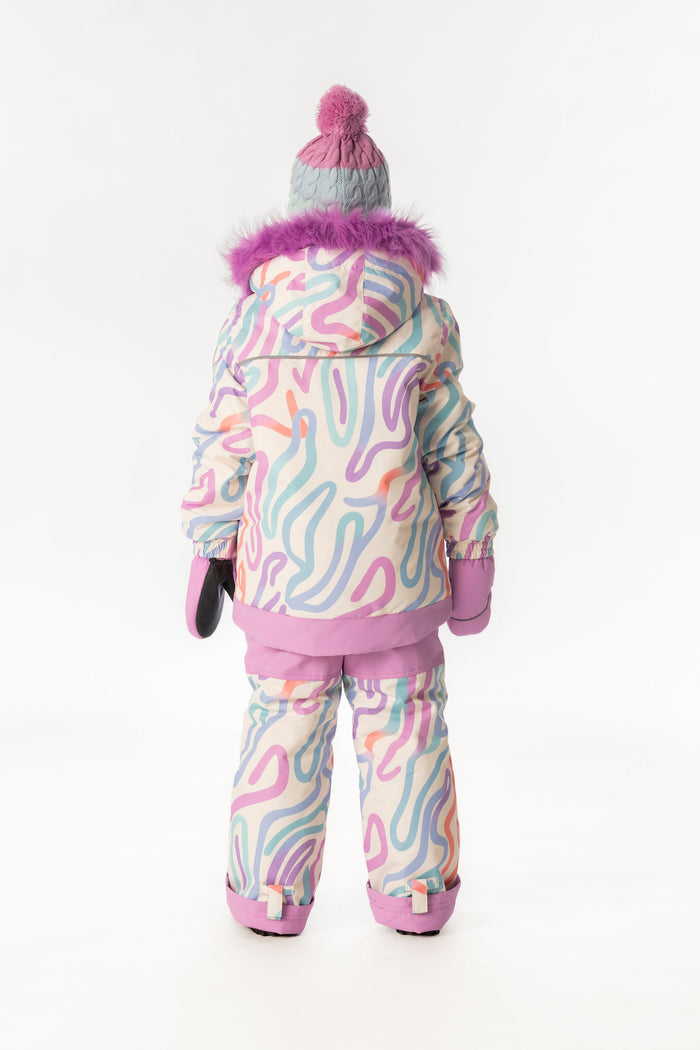 Child wearing the multicolored line print Deux par Deux DISCOVER snowsuit, back view