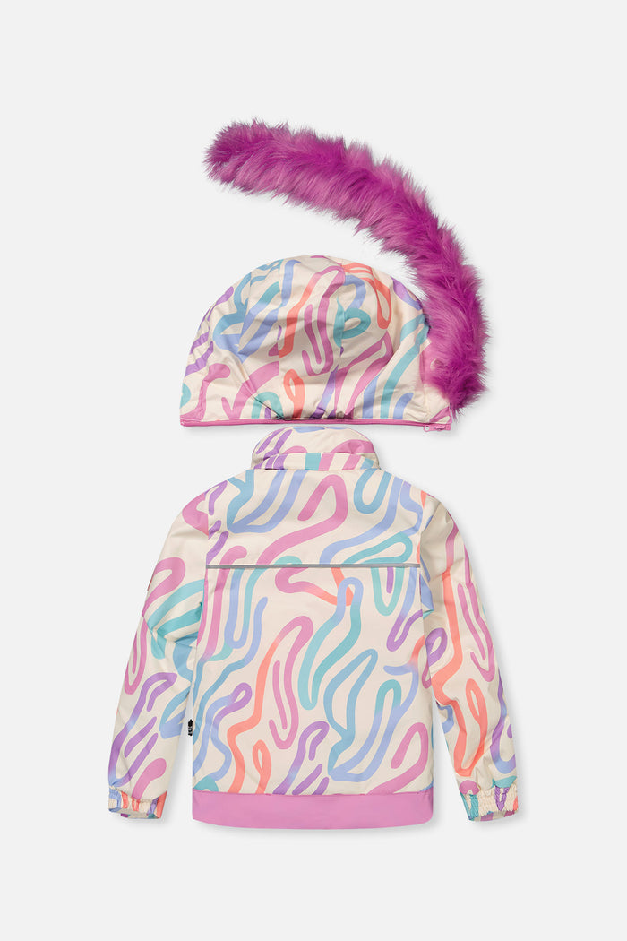 Back of the multicolored line print DISCOVER jacket and detached hood with faux-fur trim