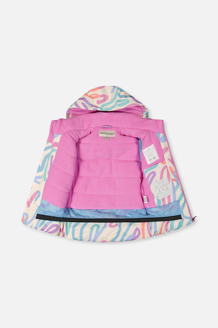 Multicolored line print DISCOVER jacket opened to show the pink fleece lining