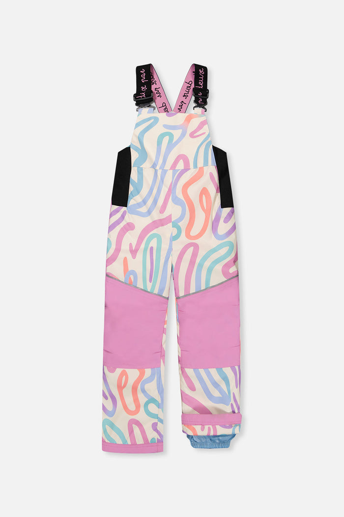 Multicolored line print DISCOVER bib snow pants with orchid pink knee panels and suspenders, front view