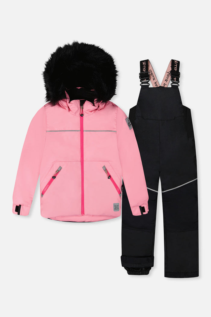 Deux par Deux girls' DISCOVER two-piece snowsuit in pink – jacket and snow bib pants, front view