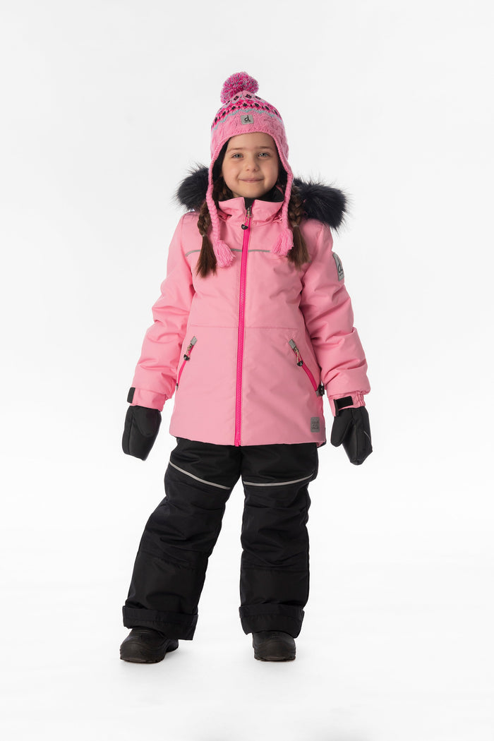Child wearing the pink Deux par Deux DISCOVER snowsuit, full-length front view