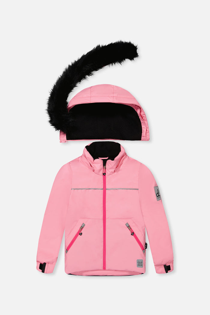 Deux par Deux girls' DISCOVER snowsuit in pink – jacket front with the faux-fur-trimmed hood detached