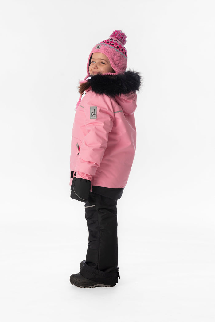 Child wearing the pink Deux par Deux DISCOVER snowsuit, side view