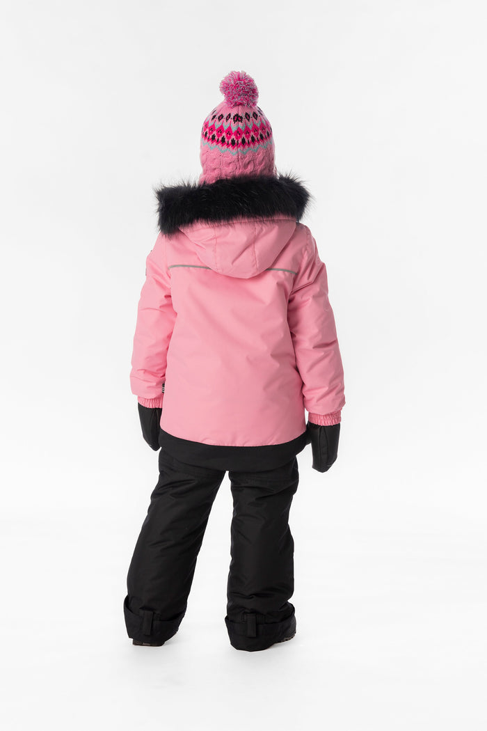 Child wearing the pink Deux par Deux DISCOVER snowsuit, back view