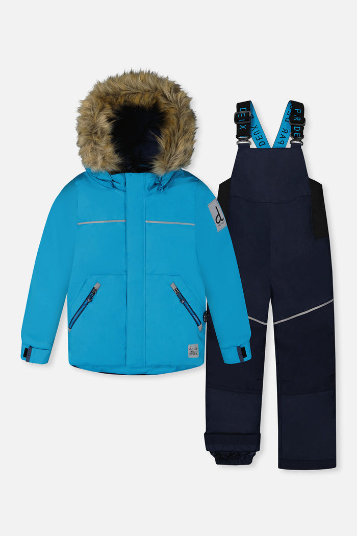 Deux par Deux boys DISCOVER snowsuit, bright blue and navy – bright blue jacket and navy snow bib pants, front view