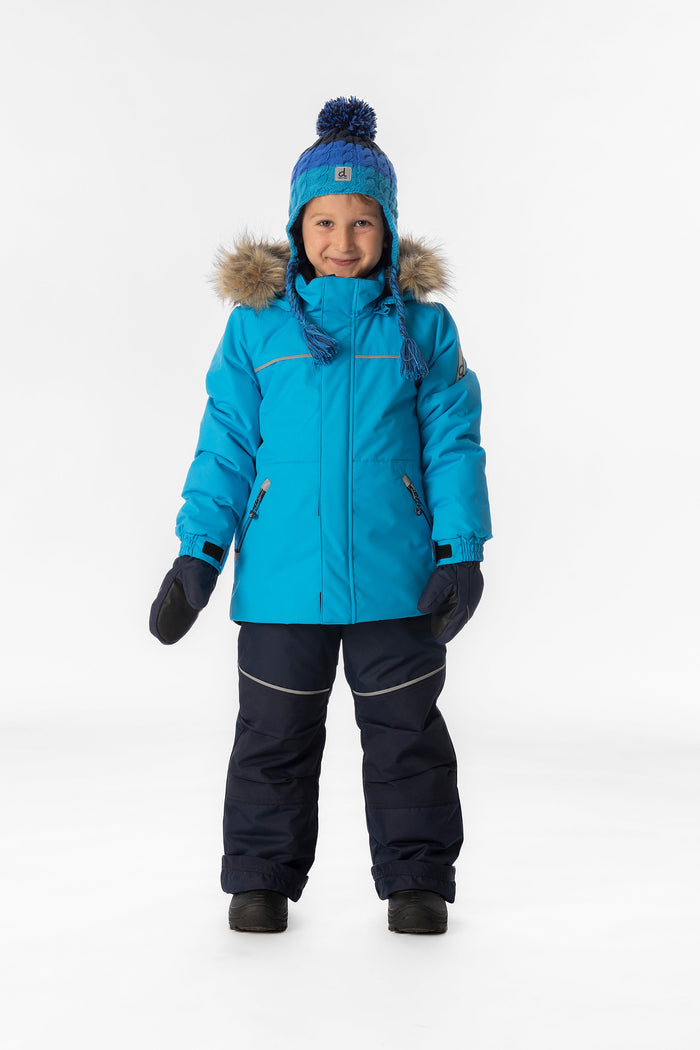 Child wearing the bright blue and navy Deux par Deux DISCOVER snowsuit, full-length front view