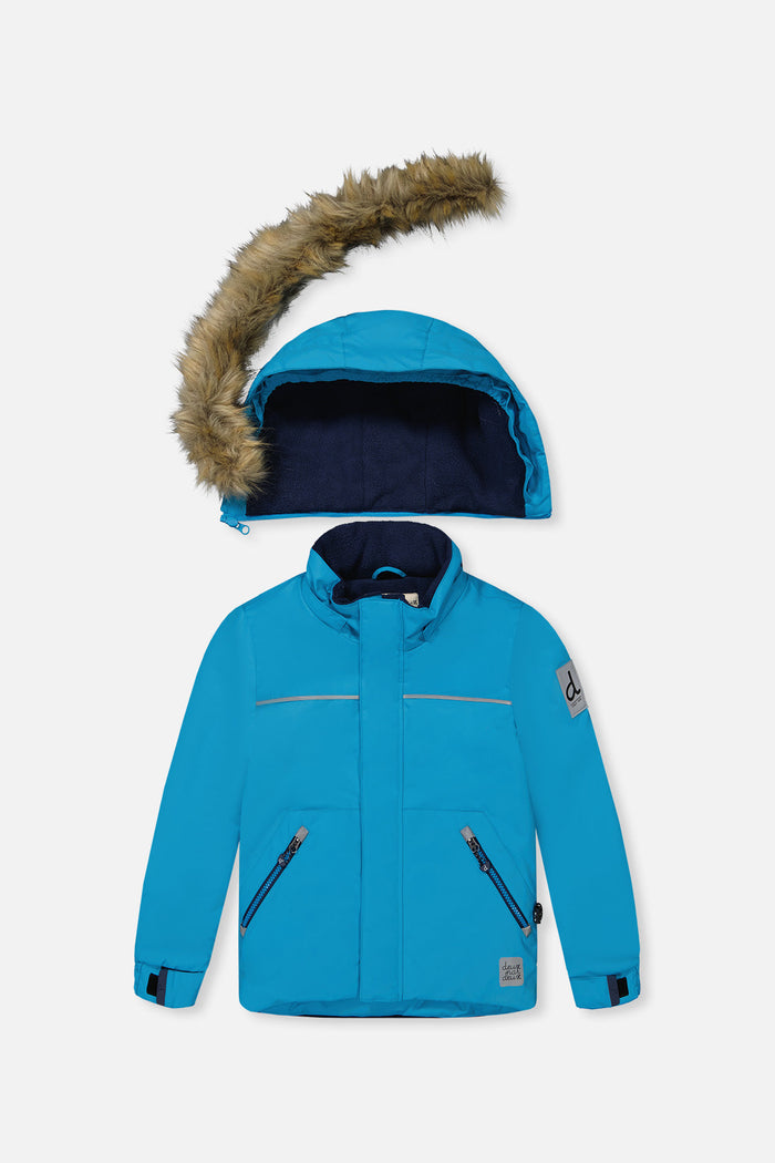 Deux par Deux boys DISCOVER snowsuit, bright blue and navy – jacket front with the faux-fur-trimmed hood detached