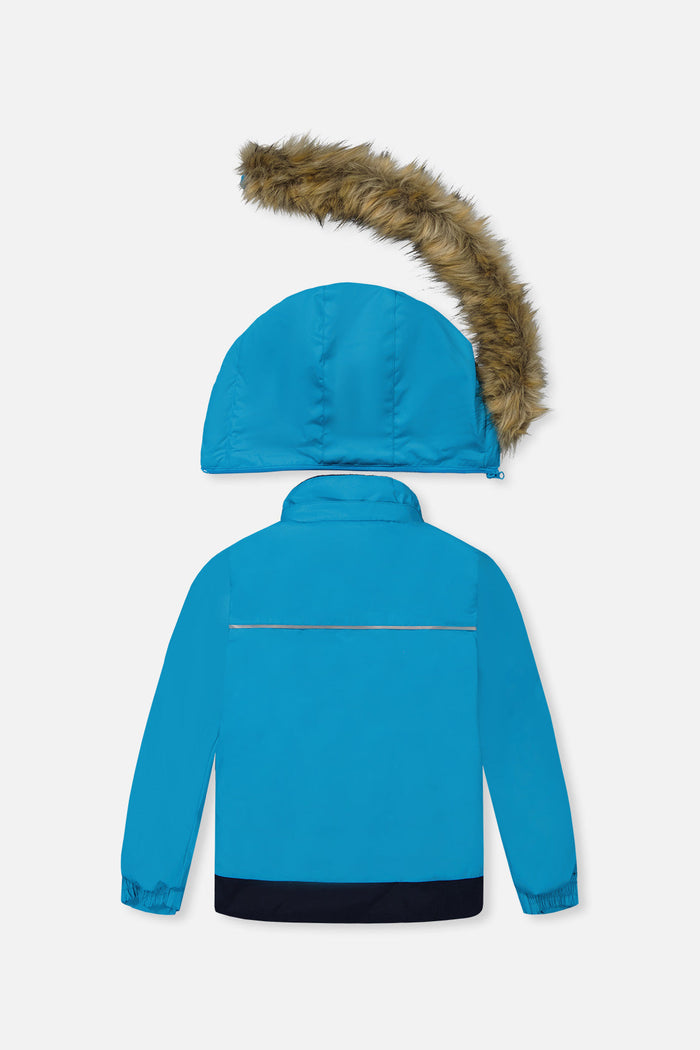 Deux par Deux boys DISCOVER snowsuit, bright blue and navy – jacket back view with hood