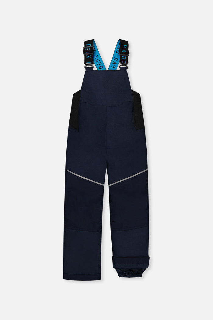 Deux par Deux boys DISCOVER snowsuit, bright blue and navy – navy snow bib pants, front view