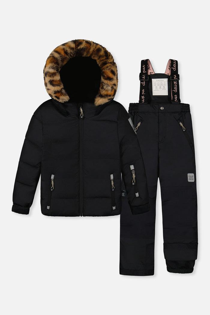 Deux par Deux girls PLAY snowsuit, black with leopard faux fur – jacket and snow pants, front view