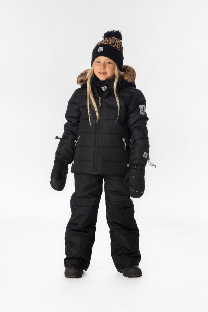 Child wearing the black Deux par Deux PLAY snowsuit with leopard faux-fur trim, full-length front view