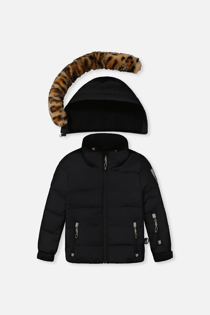 Deux par Deux girls PLAY snowsuit, black with leopard faux fur – jacket front with the faux-fur-trimmed hood detached
