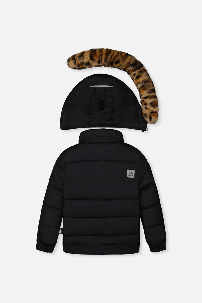 Deux par Deux girls PLAY snowsuit, black with leopard faux fur – jacket back view with hood