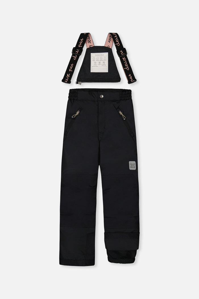 Deux par Deux girls PLAY snowsuit, black with leopard faux fur – black snow pants, front view with suspenders