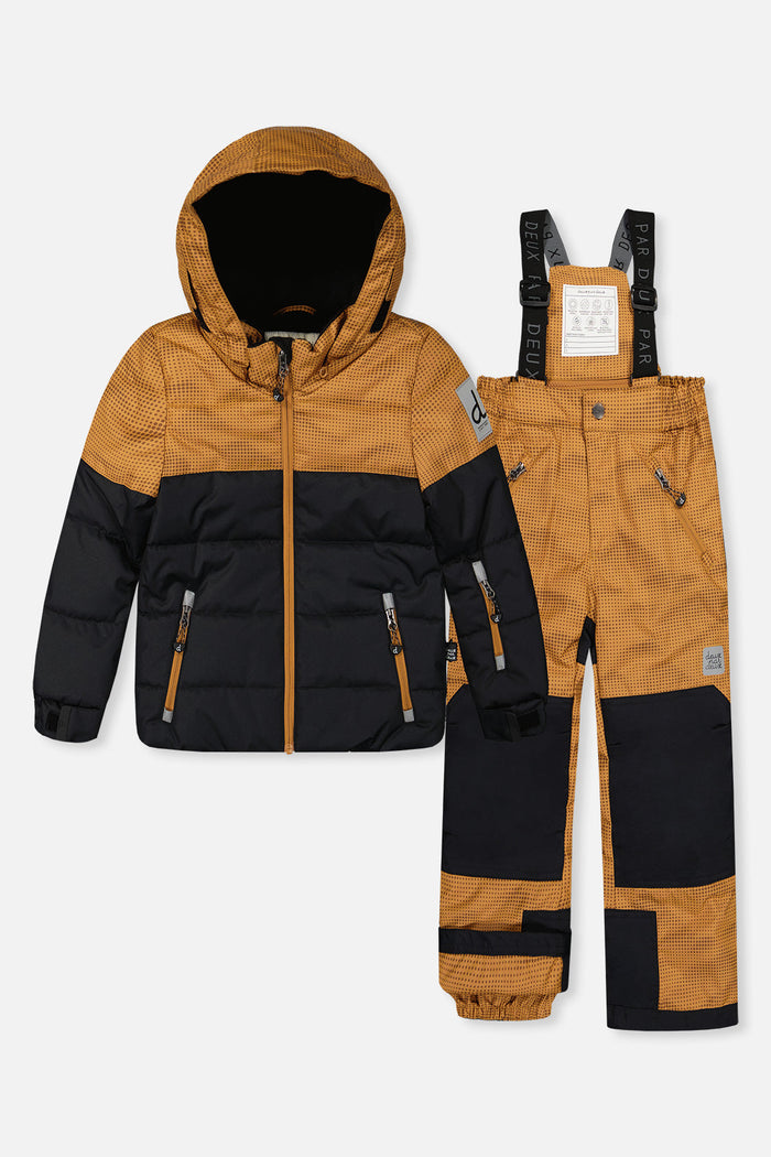 Deux par Deux boys PLAY snowsuit, brown and black – jacket and snow pants, front view