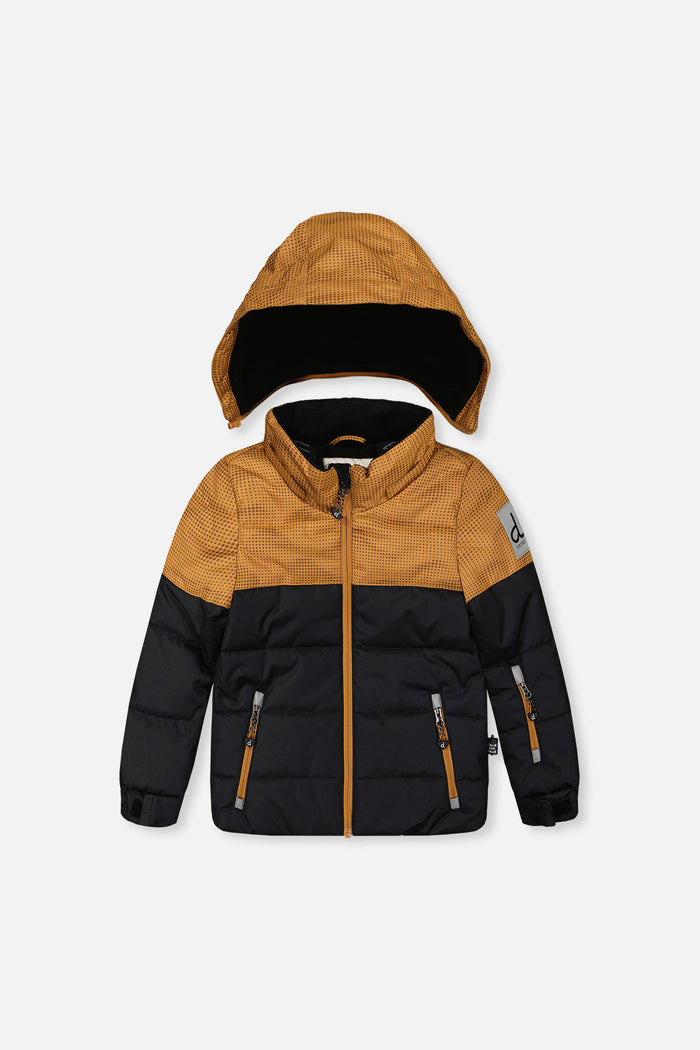 Deux par Deux boys PLAY snowsuit, brown and black – jacket front with the hood detached