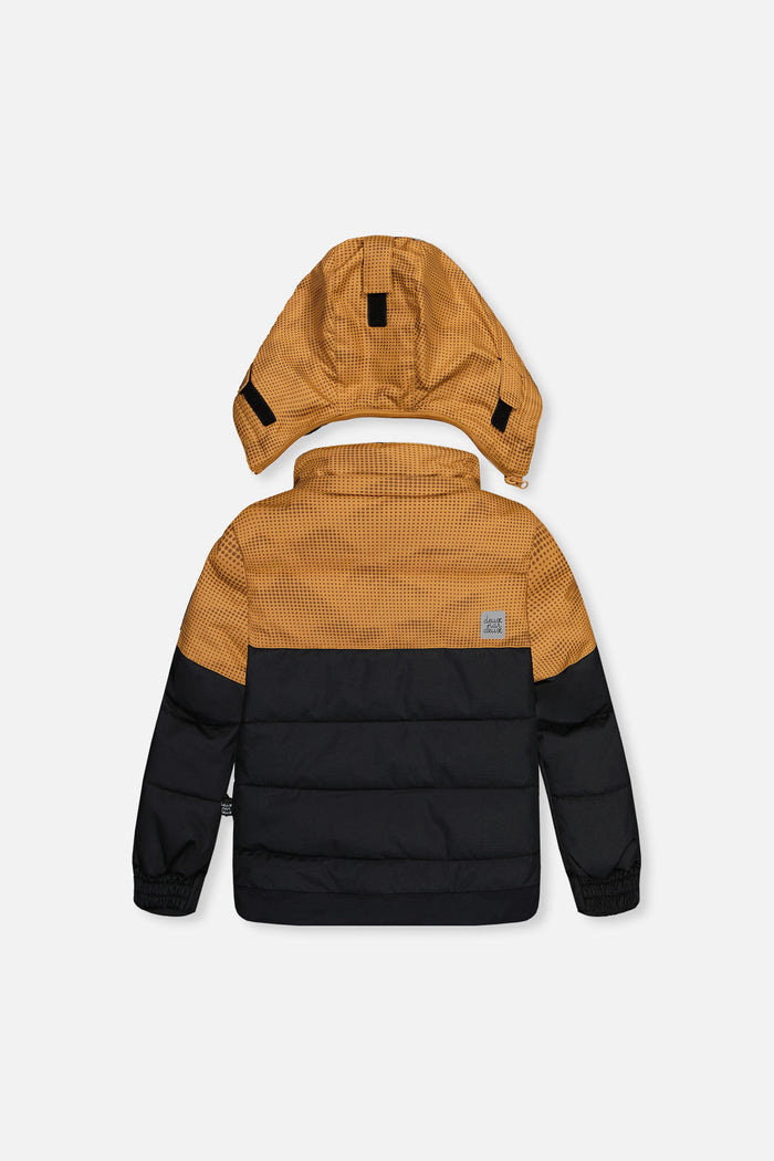 Deux par Deux boys PLAY snowsuit, brown and black – jacket back view with hood
