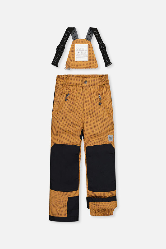 Deux par Deux boys PLAY snowsuit, brown and black – brown and black snow pants, front view with suspenders