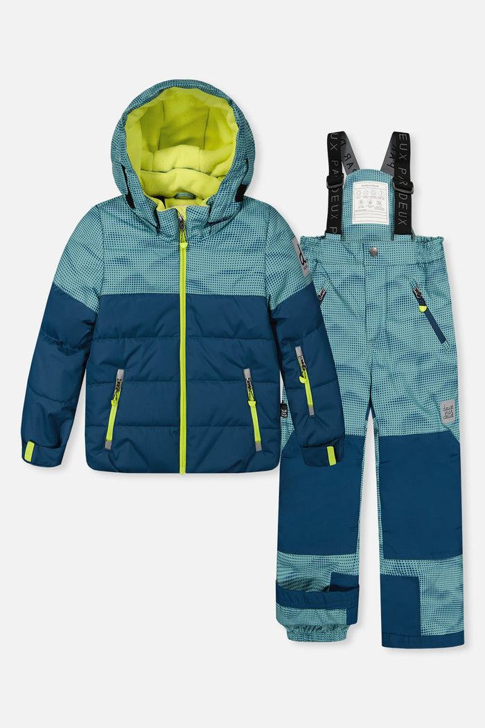 Deux par Deux boys' PLAY snowsuit in greyish blue and navy, jacket and snow pants, front view