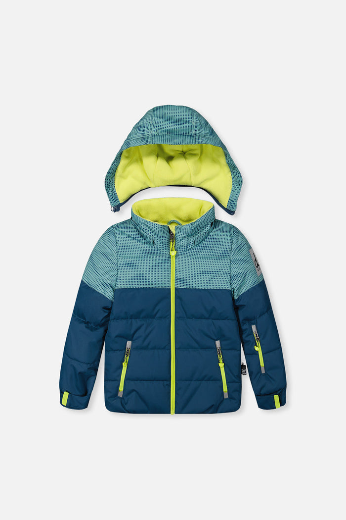 Deux par Deux PLAY greyish blue and navy jacket with hood and lime-yellow lining, front view