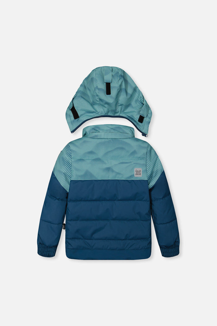 Deux par Deux PLAY greyish blue and navy jacket with hood, back view