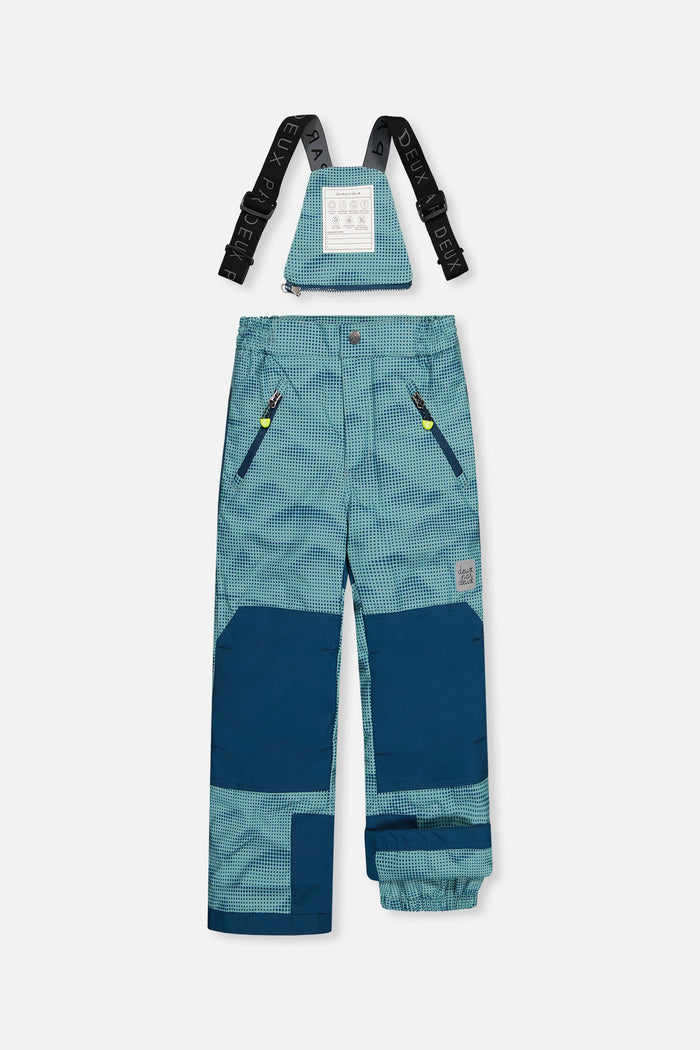Deux par Deux PLAY greyish blue snow pants with navy panels and suspenders, front view