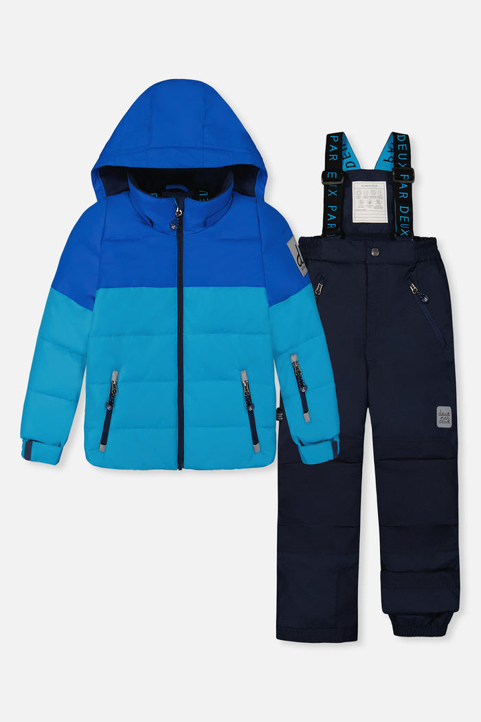 Deux par Deux boys PLAY snowsuit, light and dark blue – light and dark blue jacket and navy snow pants, front view