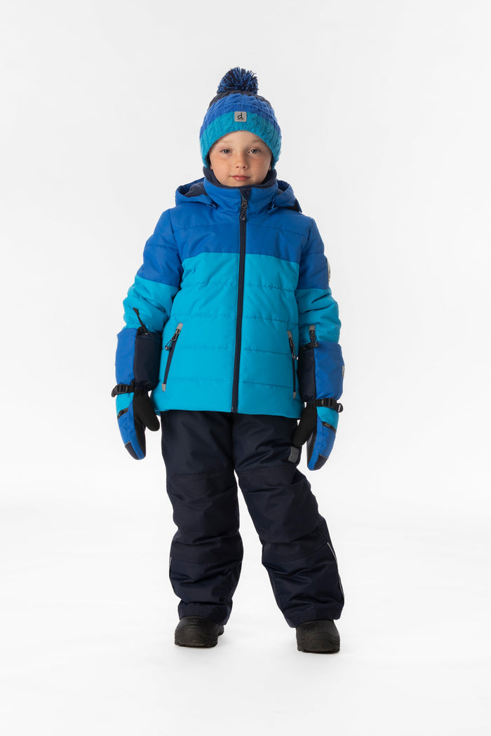 Child wearing the light and dark blue Deux par Deux PLAY snowsuit, full-length front view