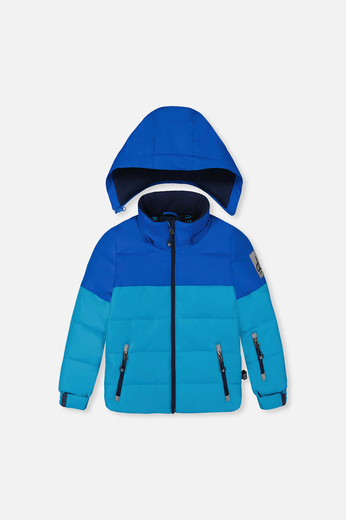 Deux par Deux boys PLAY snowsuit, light and dark blue – jacket front with the hood detached