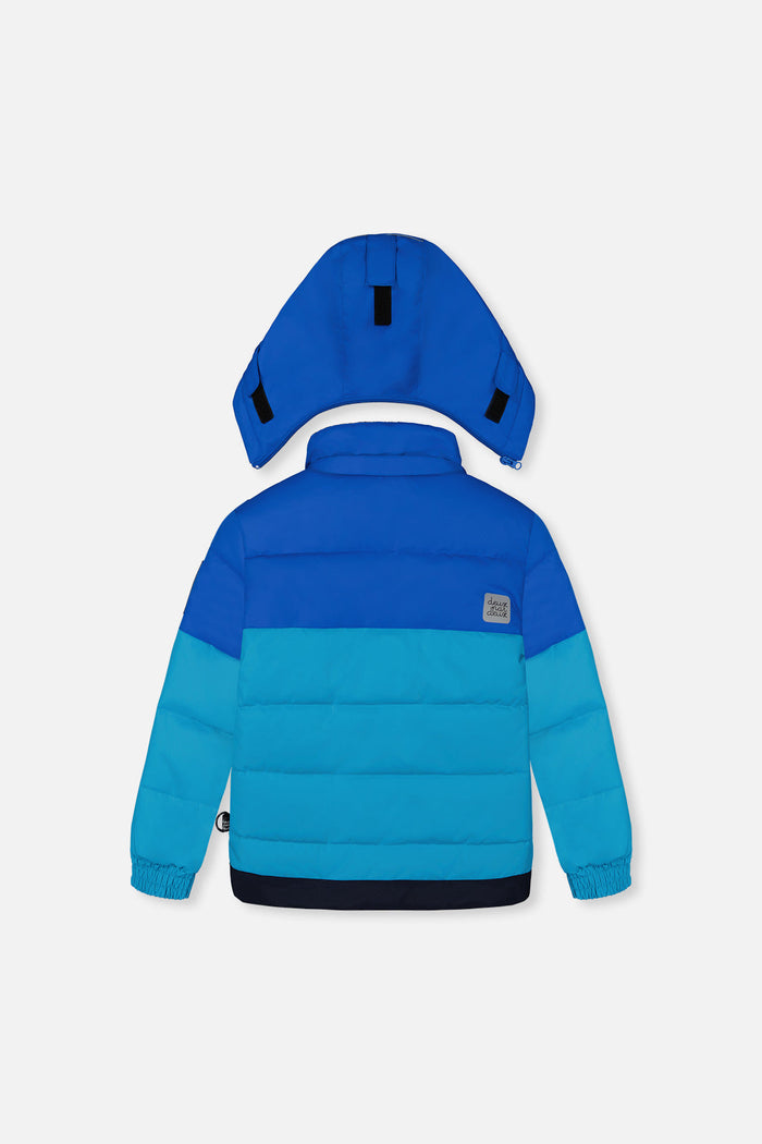 Deux par Deux boys PLAY snowsuit, light and dark blue – jacket back view with hood